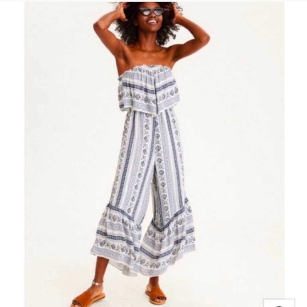 American Eagle Blue White Floral Jumpsuit Ruffle Bodice Strapless Girlhood-Core